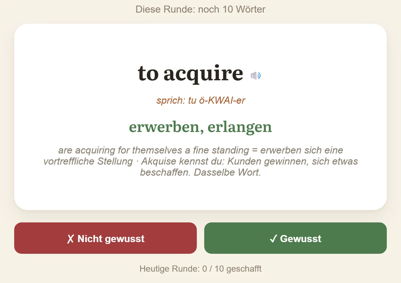 Eine umgedrehte Lernkarte: das englische Wort mit Aussprache, die Übersetzung, ein Beispielsatz und zwei Knöpfe zum Bewerten
