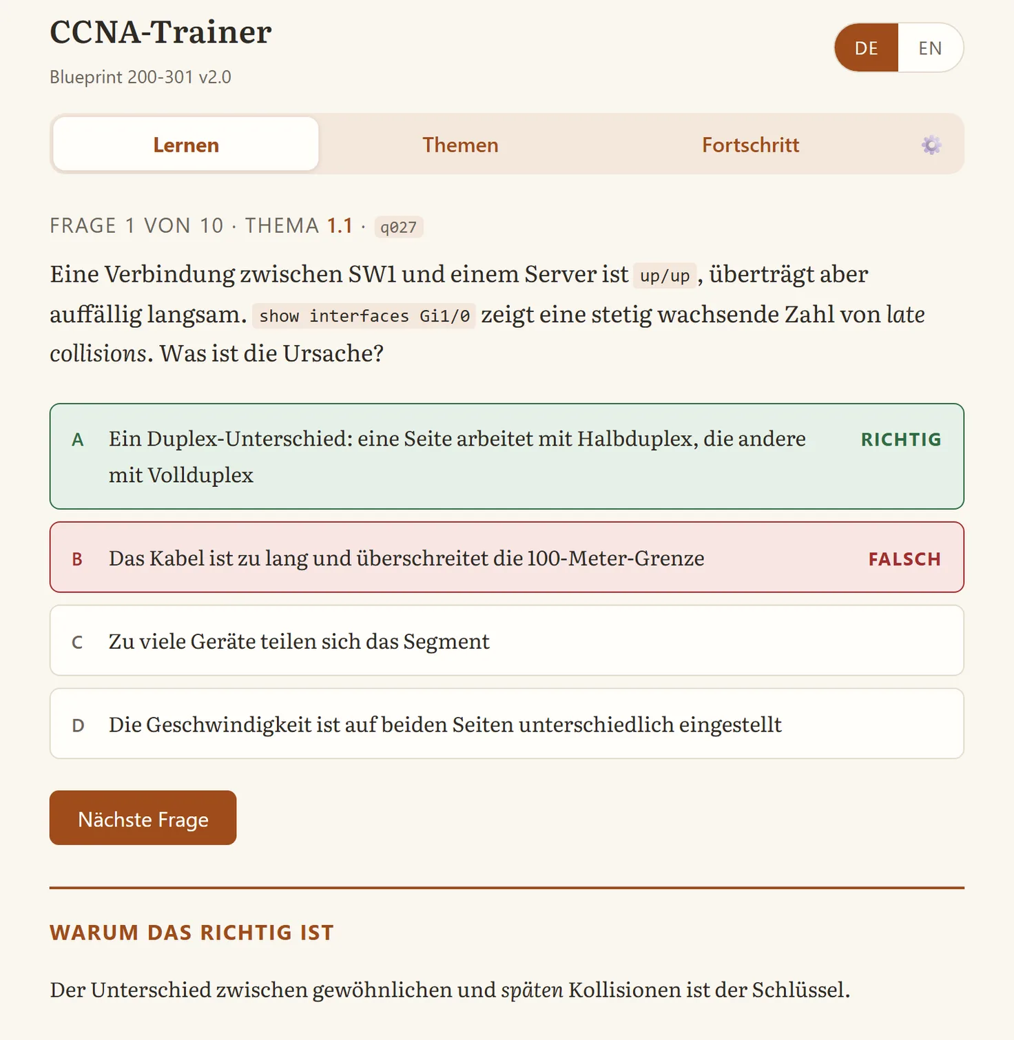 Der CCNA-Trainer nach einer beantworteten Frage: die richtige Antwort grün, die gewählte falsche rot, darunter der Anfang der Begründung