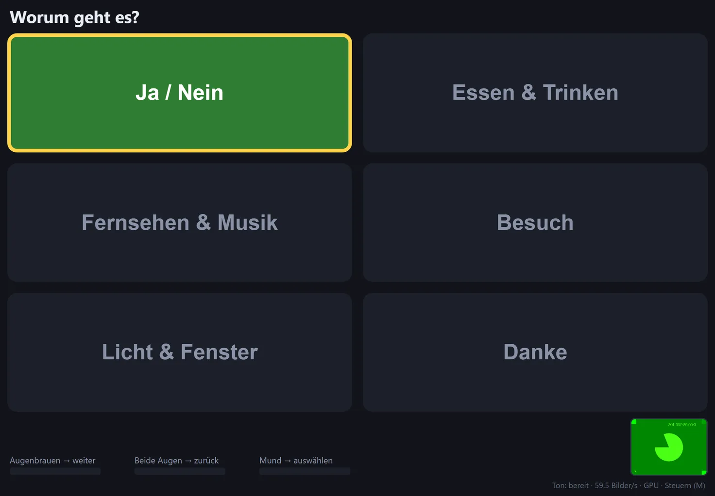 Die Sprechtafel: sechs große Felder, das erste gelb umrandet, unten die drei Signale mit ihrer Wirkung und ein kleines Kamerabild